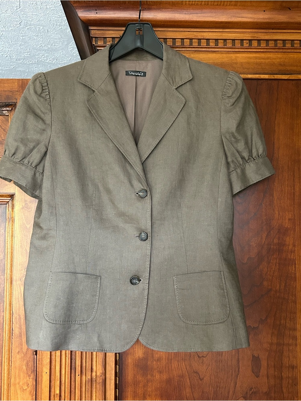 Tahari Olive/Brown Java(Neutral)Short-Sleeve Notch-Lapel Stitching Design Blazer - Picture 12 of 16